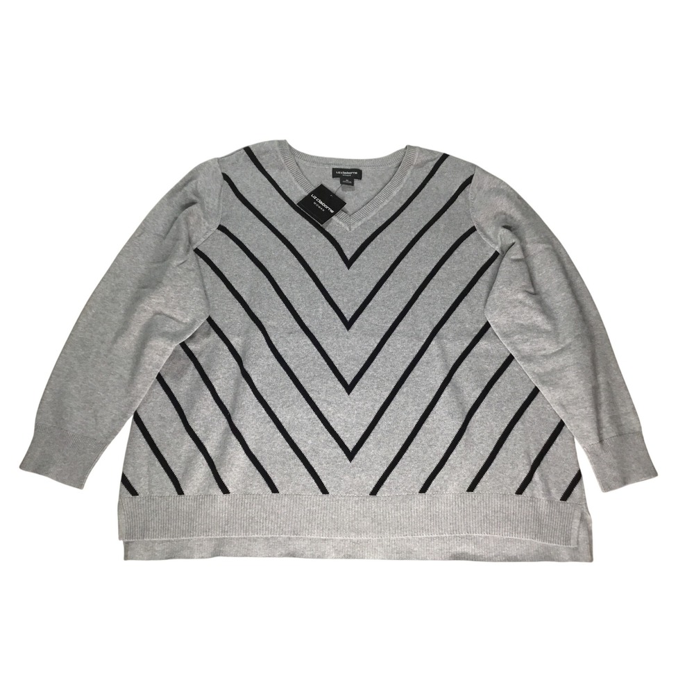 Liz Claiborne Woman Gray Black‎ Chevron Stripe V Neck Sweater 3X Plus